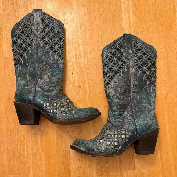 Corral Laser Cutout Western Cowboy Cowgirl Boots Turquoise Heel Rodeo Women’s 9 - Picture 14 of 14